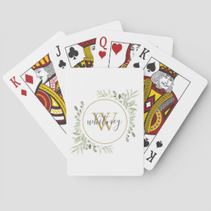 Jeu De Cartes Monogramme doré avec feuillage, écriture élégante