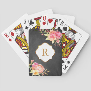 Jeu De Cartes Monogramme doré et fleurs sur tableau craie textur