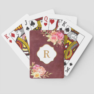 Jeu De Cartes Monogramme doré et fleurs sur texture rouge vintag