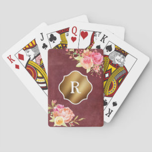 Jeu De Cartes Monogramme doré et fleurs sur texture rouge vintag