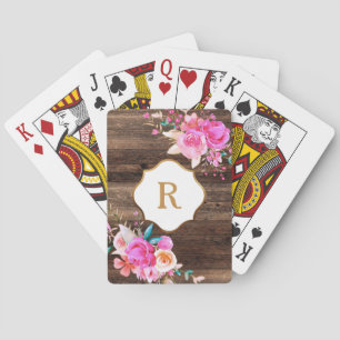 Jeu De Cartes Monogramme doré Fleurs roses Bois marron rustique