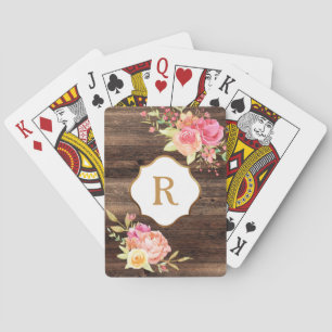 Jeu De Cartes Monogramme doré Fleurs roses Bois marron rustique