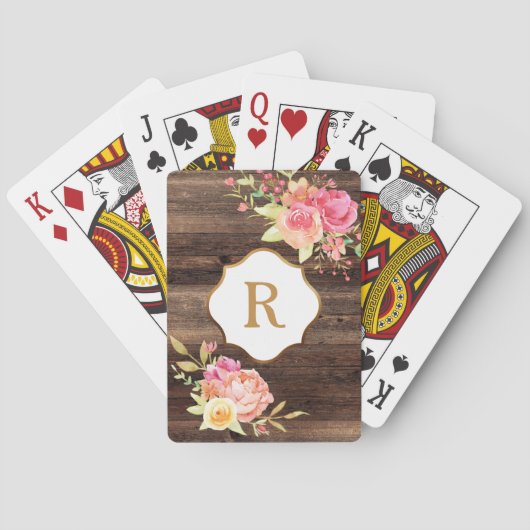 Jeu De Cartes Monogramme doré Fleurs roses Bois marron rustique (dos)