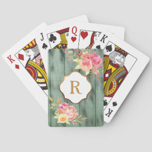 Jeu De Cartes Monogramme doré Fleurs roses Bois vert rustique