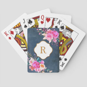Jeu De Cartes Monogramme doré Fleurs roses Texture bleue vintage