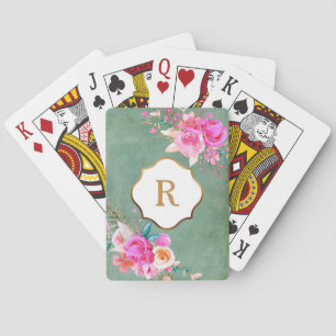 Jeu De Cartes Monogramme doré Fleurs roses Vintage Texture verte