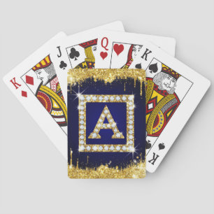 Jeu De Cartes Monogramme doré initial A avec paillettes bleues