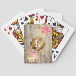 Jeu De Cartes Monogramme doré sur fleurs roses et bois rustique