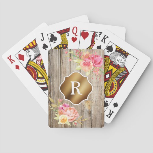 Jeu De Cartes Monogramme doré sur fleurs roses et bois rustique (dos)