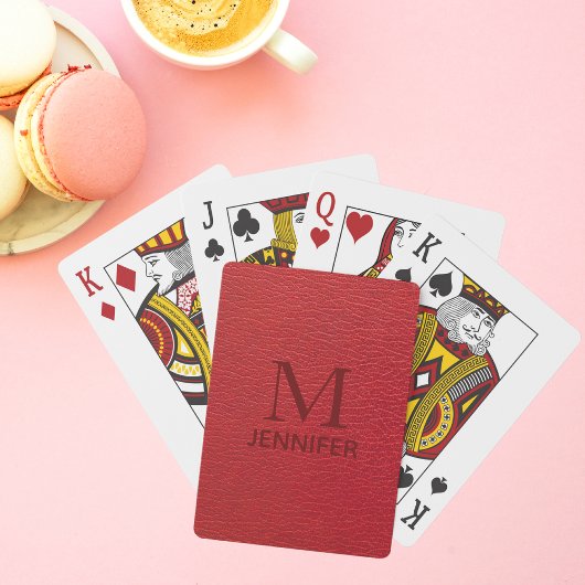 Jeu De Cartes Monogramme en cuir texturé rouge Nom personnalisé