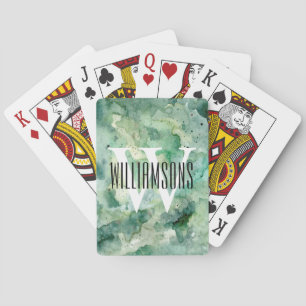 Jeu De Cartes Monogramme et nom Aquarelle verte personnalisée