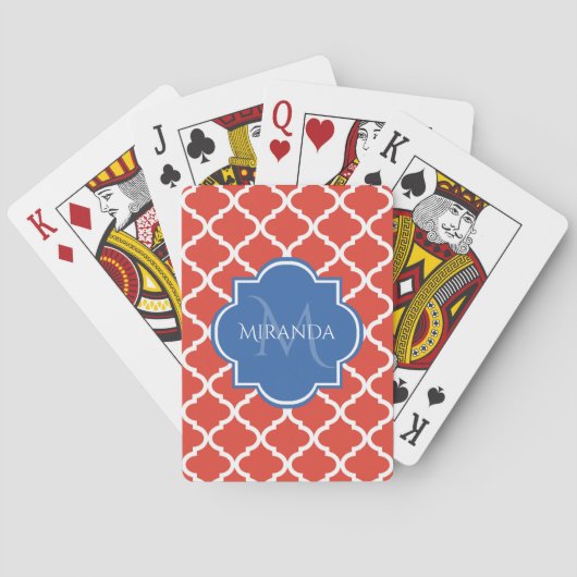 Jeu De Cartes Monogramme et nom bleu Quatrefoil rouge tendance (dos)