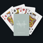 Jeu De Cartes Monogramme et nom de la servante d'accueil personn<br><div class="desc">Ajoutez une touche personnelle à votre mariage avec le monogramme et le cadeau de nom personnalisé de la femme de ménage. Ce design présente le nom personnalisé de la demoiselle d'honneur avec titre et date mariage en blanc et monogramme en vert sauge comme arrière - plan, en style de police...</div>