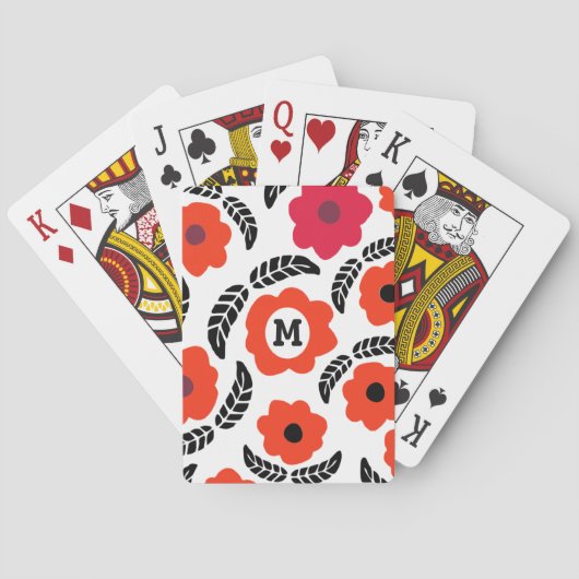 Jeu De Cartes Monogramme floral orange et rouge moderne (dos)