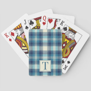 Jeu De Cartes Monogramme Initial à carreaux tartan bleu