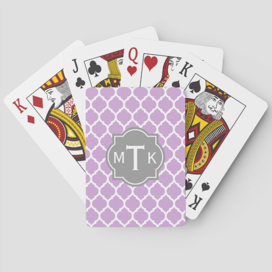 Jeu De Cartes Monogramme moderne gris et Lilac Motif treillis (dos)