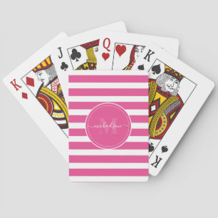 Jeu De Cartes Monogramme moderne Hot Pink et White Stripes Nom
