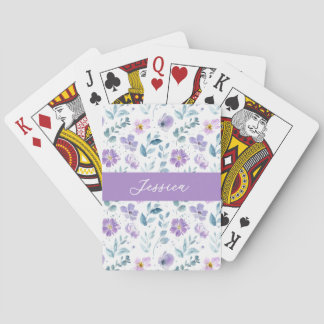 Jeu De Cartes Monogramme Nom Fleur Sauvage Aquarelle Violet Vert