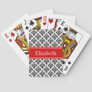 Jeu De Cartes Monogramme Nom Rouge #3 Noir Blanc Damassé Vintage