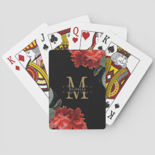 Jeu De Cartes Monogramme Or Noir Rouge Floral Élégant Personnali