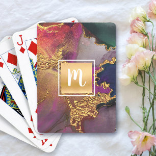 Jeu De Cartes Monogramme or violet marine vert aquarelle marbre
