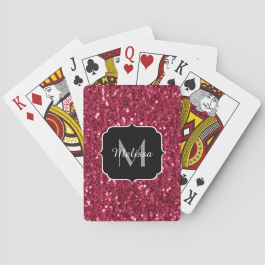 Jeu De Cartes Monogramme rose foncé magenta faux scintillants (dos)