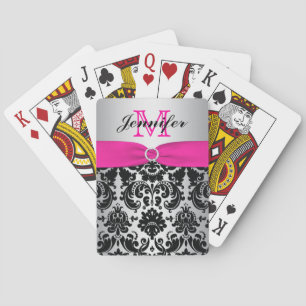 Jeu De Cartes Monogramme Rose Noir Argent Damas Jouer Cartes