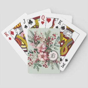 Jeu De Cartes Monogramme saisonnier de Noël floral aquarelle ros