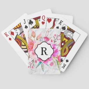 Jeu De Cartes Monogramme sur des fleurs roses audacieuses et mar