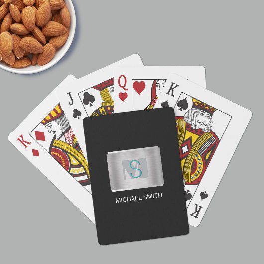 Jeu De Cartes Monogramme turquoise et gris, Nom blanc Argent, No