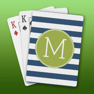 Jeu De Cartes Monogramme vert Motif rayé blanc et marine