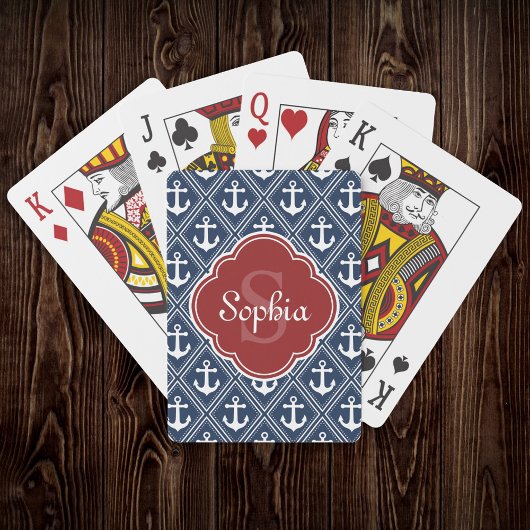 Jeu De Cartes Motif Ancre bleu Monogramme rouge