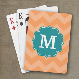 Jeu De Cartes Motif Chevron avec Monogram - Turquoise bleu & ora
