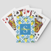 Jeu De Cartes Motif de citron en carreau français bleu avec mono (dos)