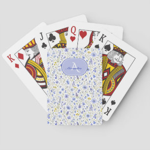 Jeu De Cartes Motif de fleur sauvage à l'aquarelle bleue avec no