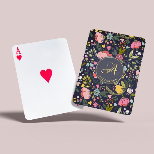 Jeu De Cartes Motif floral gris rose nom monogramme