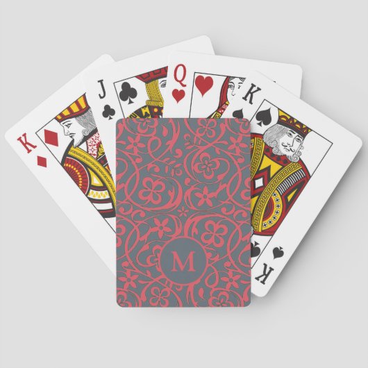 Jeu De Cartes Motif floral orné en monogramme rose et gris (dos)