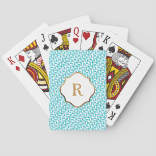 Jeu De Cartes Motif Rétro Diagonal Aqua et Blanc avec Monogramme