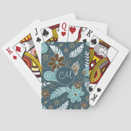 Jeu De Cartes motif turquoise fleuri turquoise en plumes (dos)