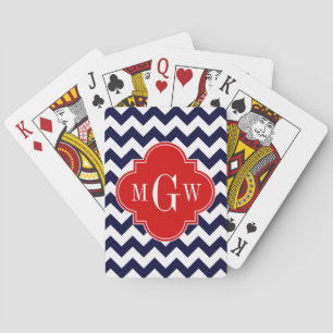 Jeu De Cartes Navy Blanc Chevron Rouge Quatrefoil 3 Monogramme