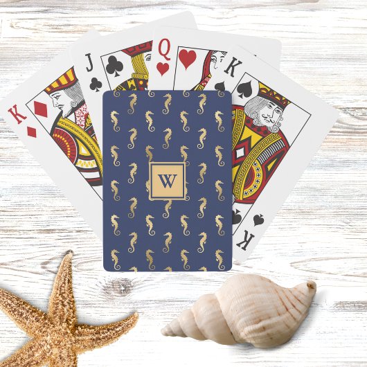 Jeu De Cartes Navy élégant et hippocampes dorés avec initiale