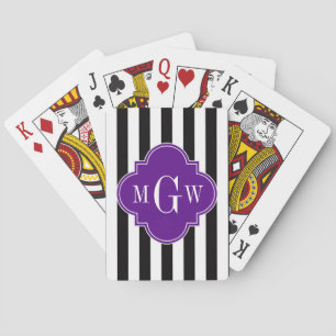 Jeu De Cartes Noir Blanc Rayure Violet Quatrefeuille 3 Monogramm
