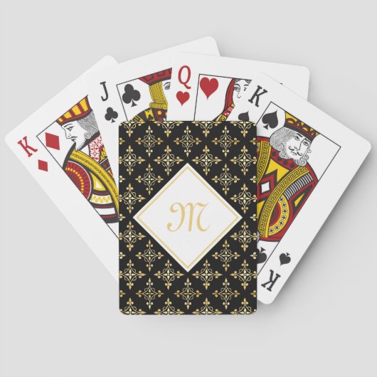 Jeu De Cartes Noir de luxe et or Quatre de monogramme floral (dos)