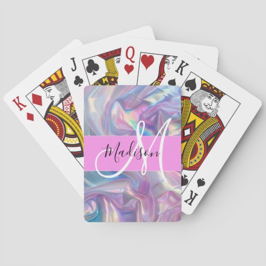 Jeu De Cartes Nom de monogramme holographique iridescent rose fé (dos)