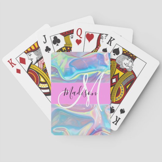 Jeu De Cartes Nom de monogramme holographique iridescent rose fé (dos)