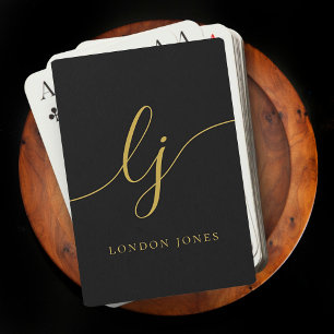 Jeu De Cartes Nom de monogramme personnalisé Script Black Gold