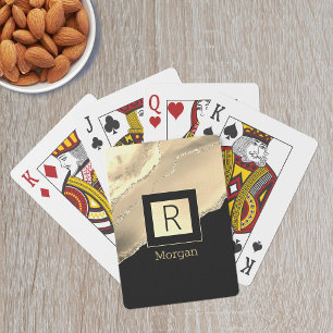 Jeu De Cartes Nom et monogramme, boîte noire et or, agate dorée