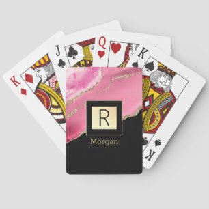 Jeu De Cartes Nom et monogramme Boîte noire et or Agate rose et