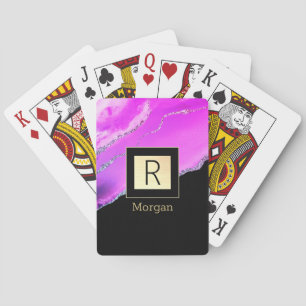 Jeu De Cartes Nom et monogramme, Boîte noire et or, Agate violet