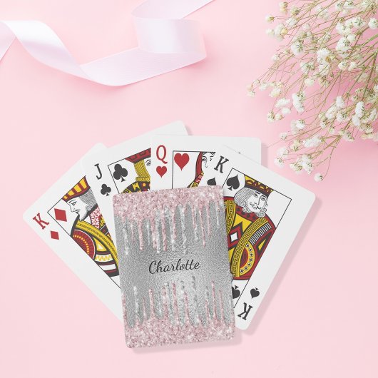 Jeu De Cartes Nom monogramme en gouttes de paillettes rose argen